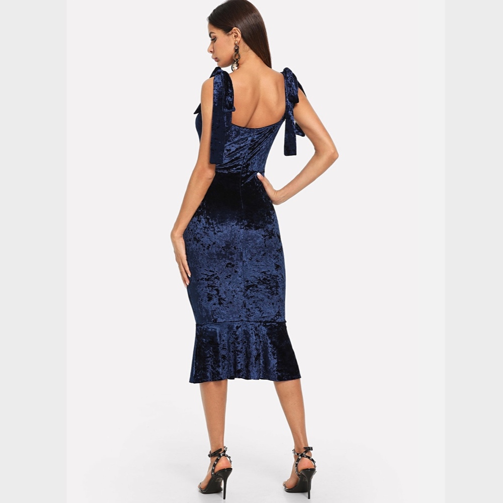 Navy Blue Velvet Mermaid Tie Straps Midi Dress - Picture 3 of 6